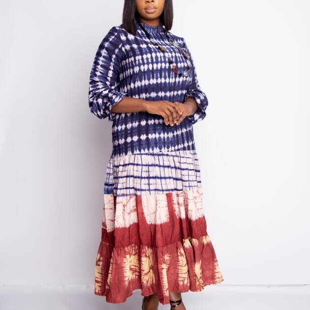 High-Neck Mixed Print Tiered  Dress